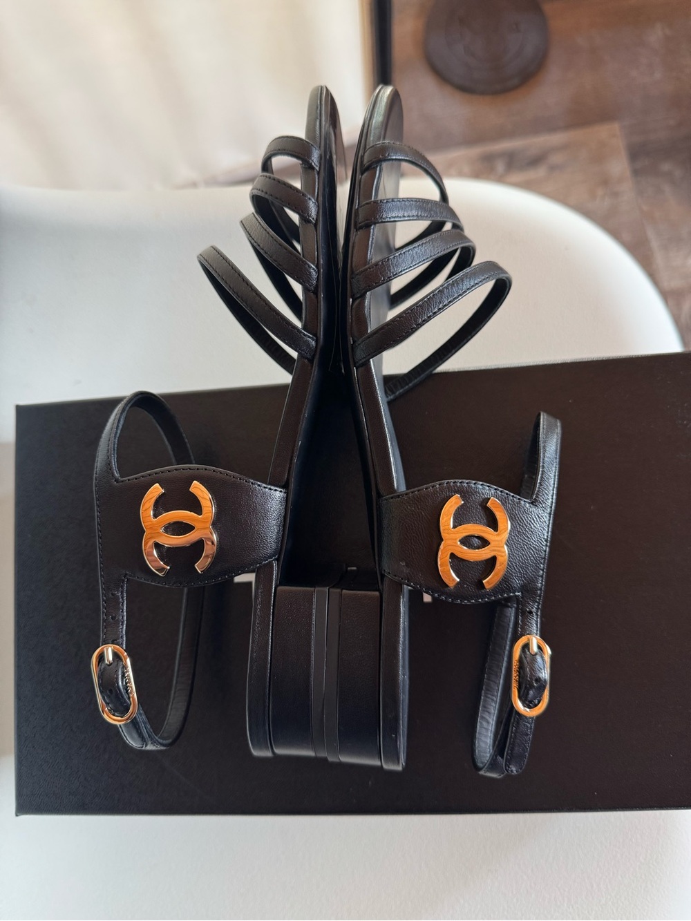 CHANEL Black Lambskin Leather Strappy Sandals with Gold CC Emblems. EU 40